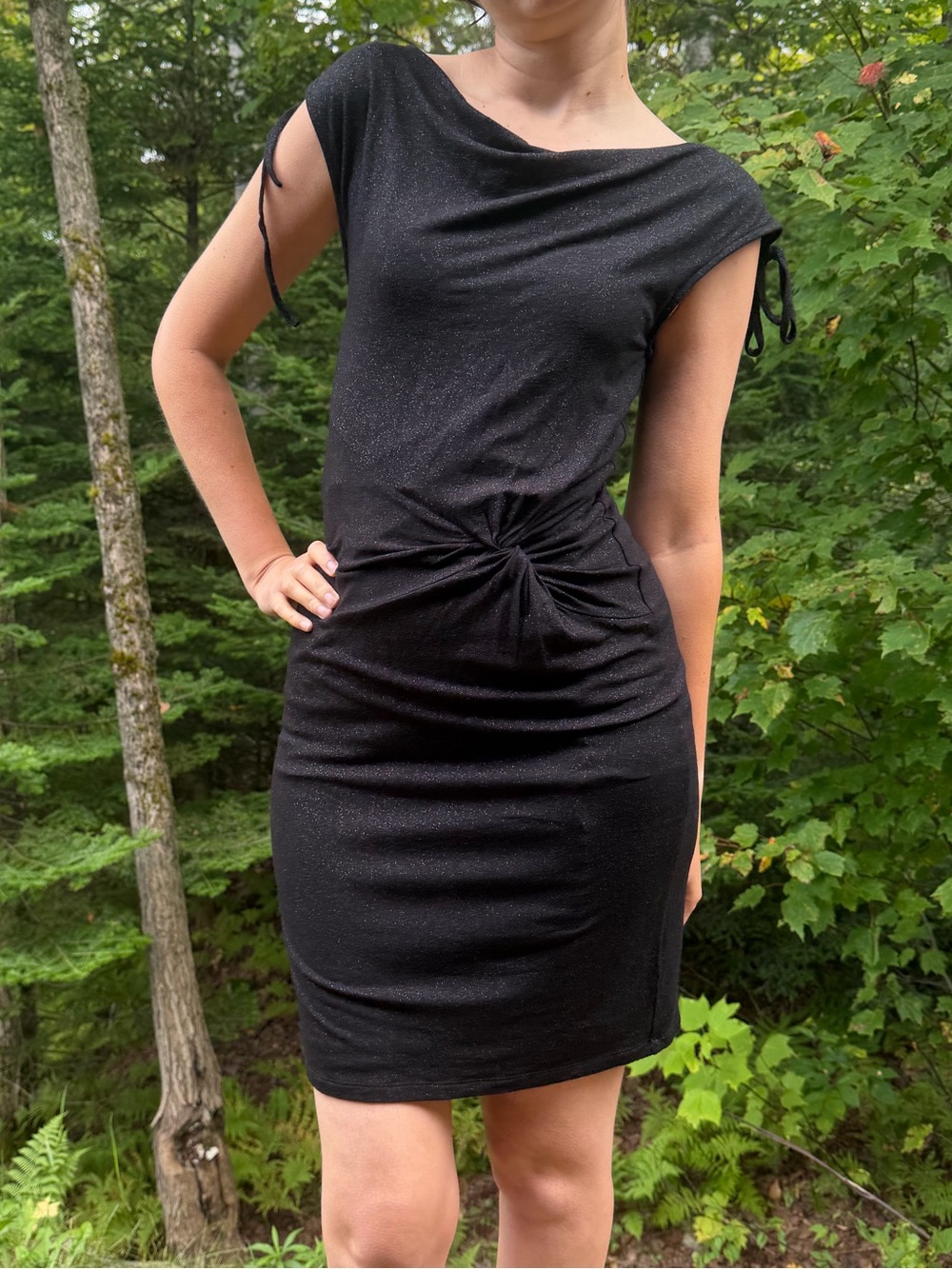 Cream Iniga Black Sparkle Boatneck front knot mini dress, sleeveless -   XS